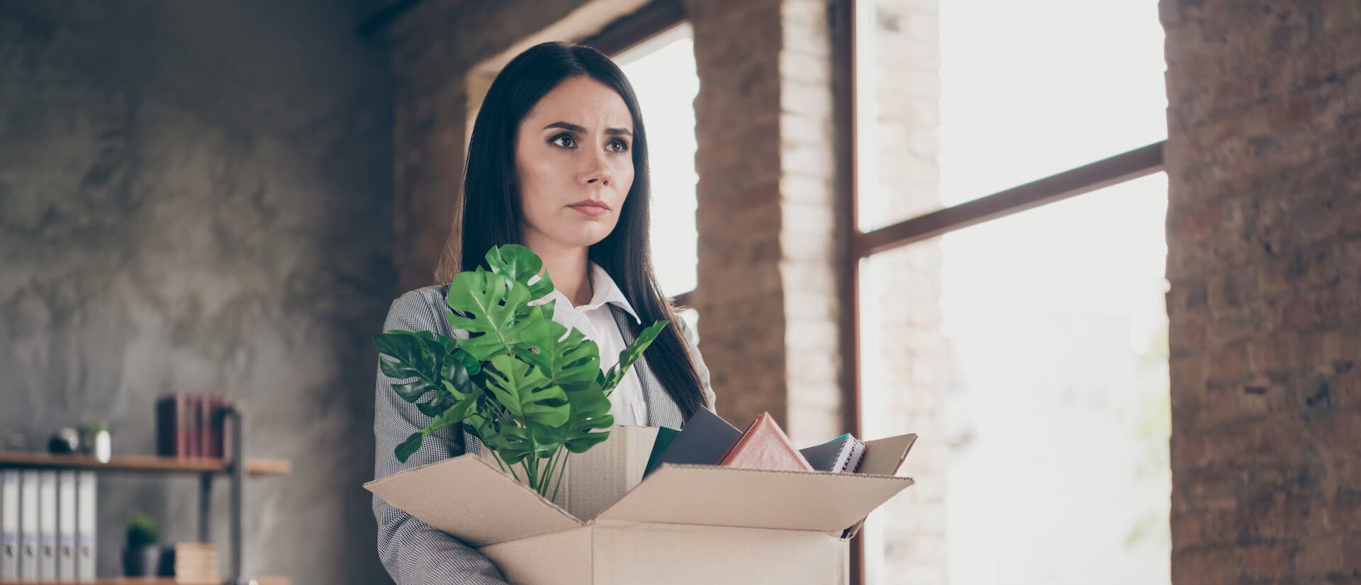 Photo of stressed girl ready quit office, lose job coronavirus quarantine economy crisis hold card board box in workplace workstation