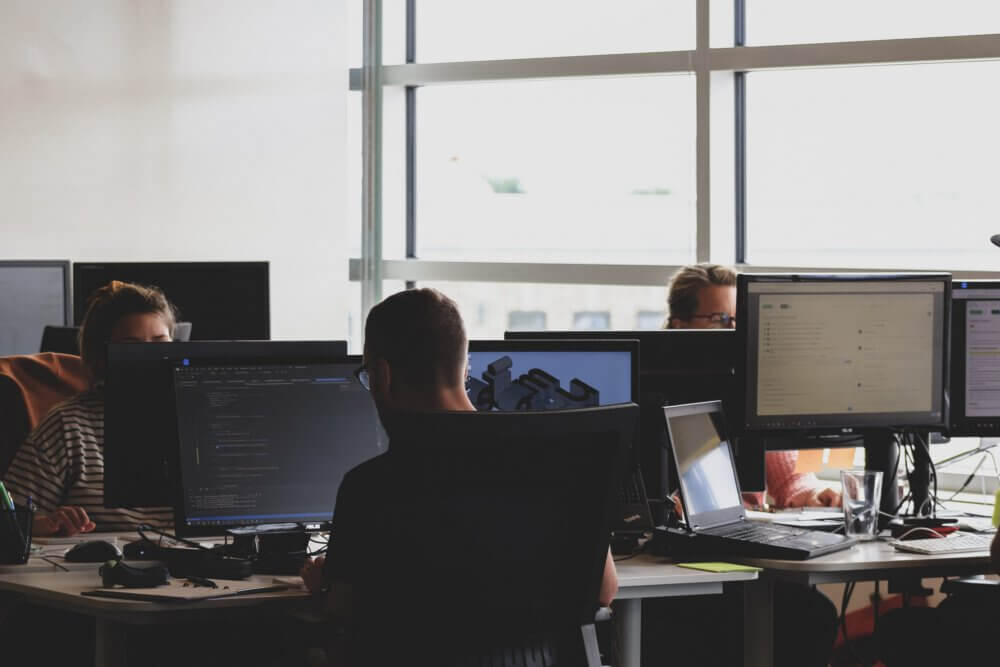Team of employees working at desks