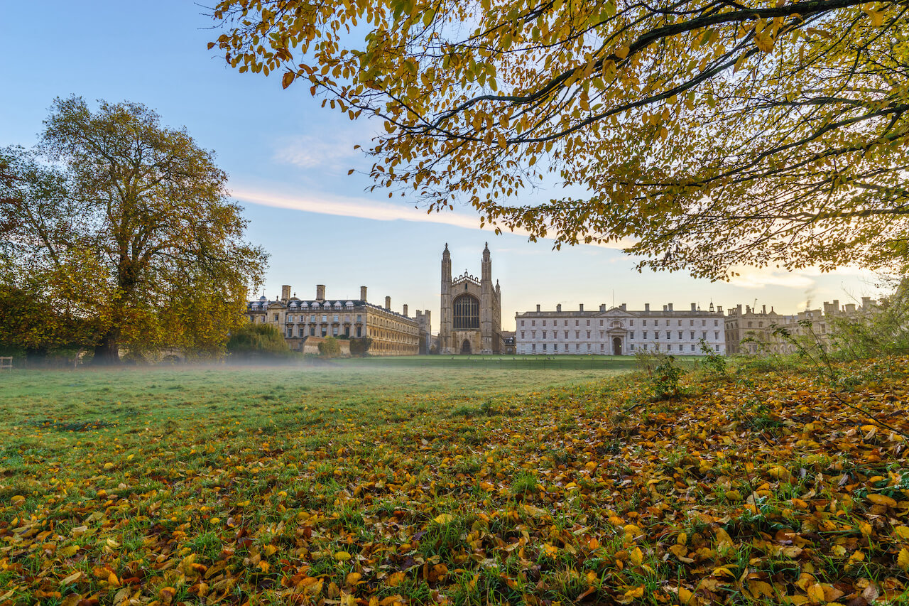 Kings College with autumn.leaves in Cambridge,UK