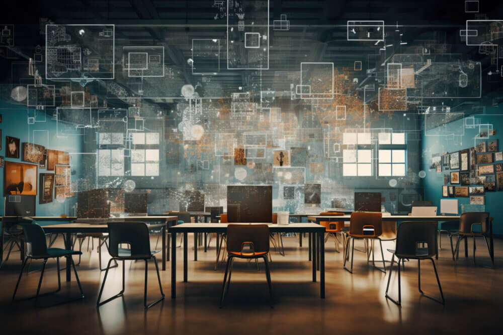 Generative ai picture collage of classroom interior with school desks chair for teaching learning students