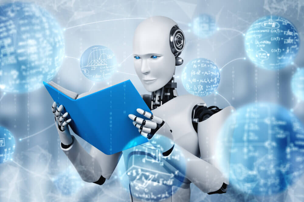 3D illustration of robot humanoid reading book in concept of future artificial intelligence and 4th fourth industrial revolution .