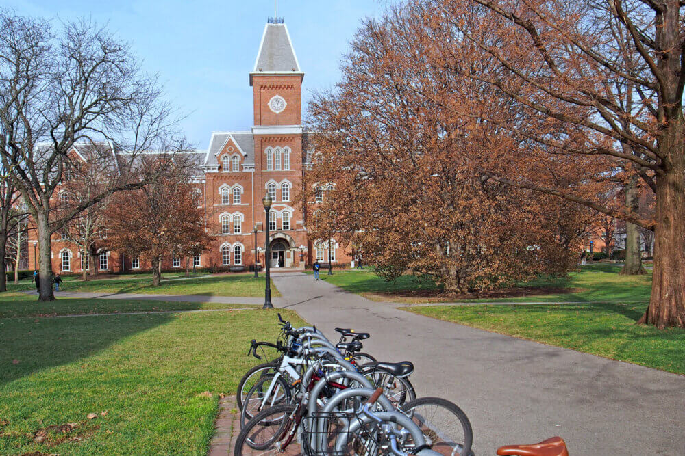 college campus with bicycle rack