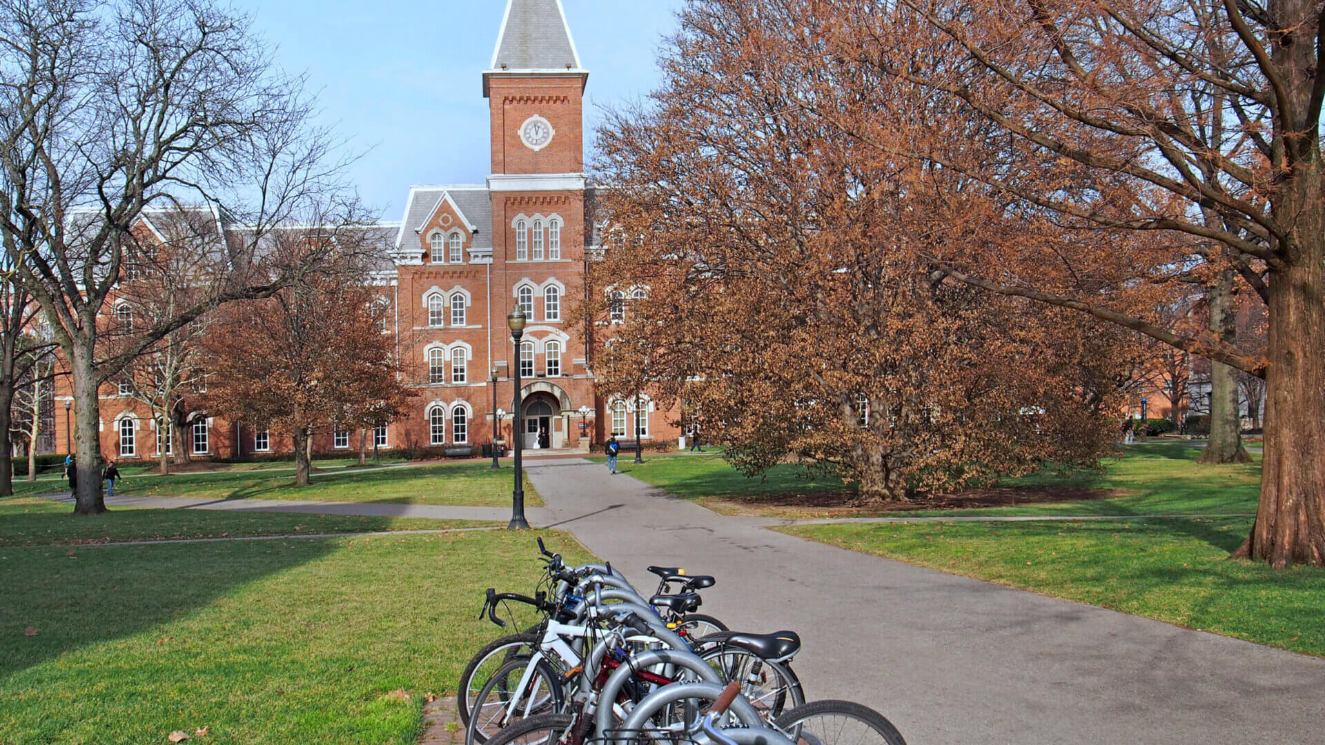 college campus with bicycle rack