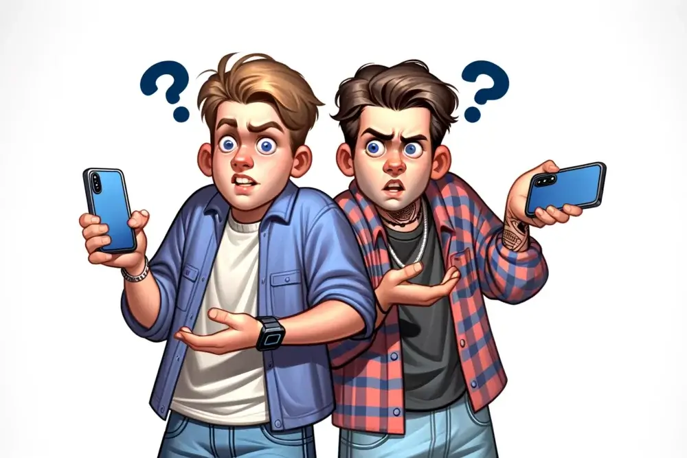 Two people each holding a phone looking confused