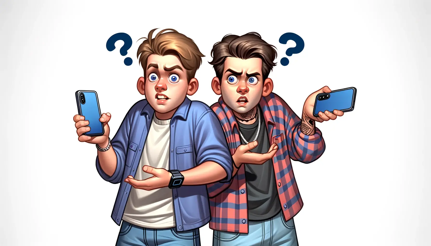 Two people each holding a phone looking confused
