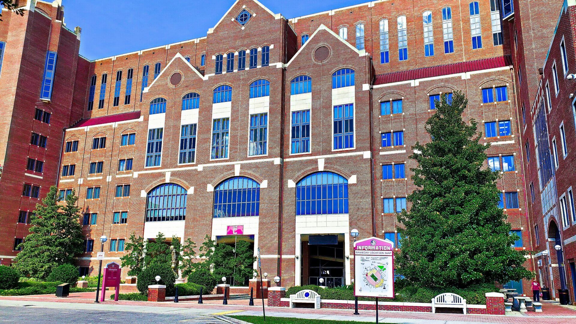 Florida State University campus building exterior on a blue sky, sunny day