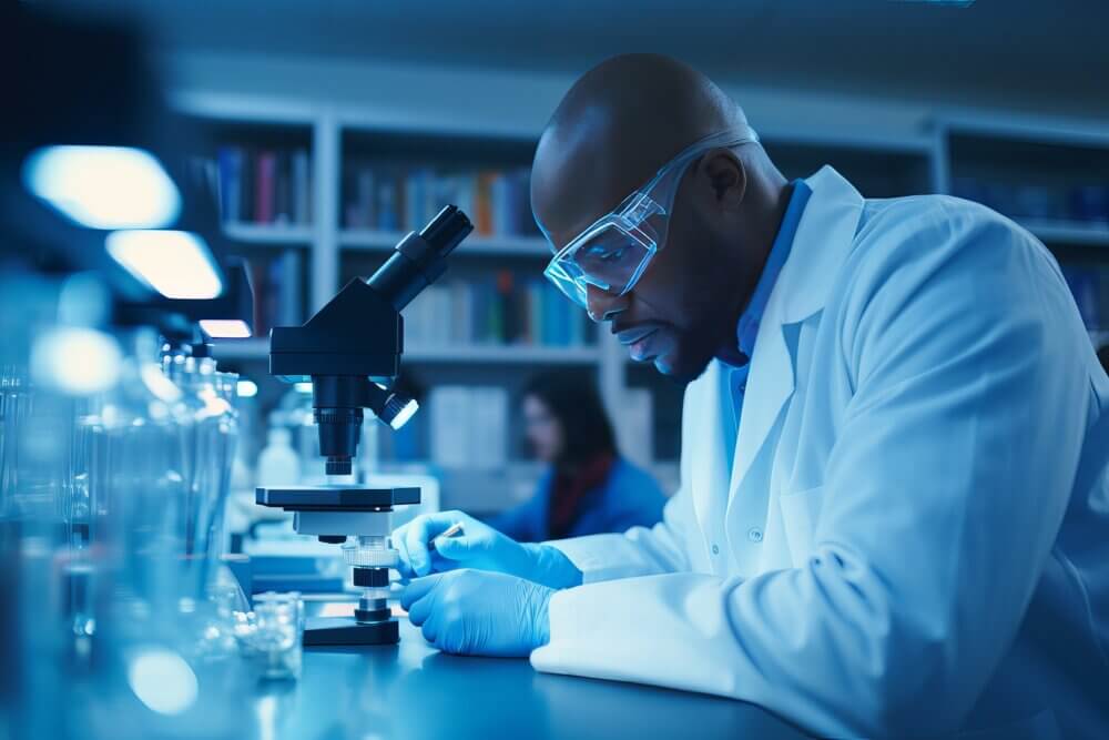 Medical student looking through microscope.