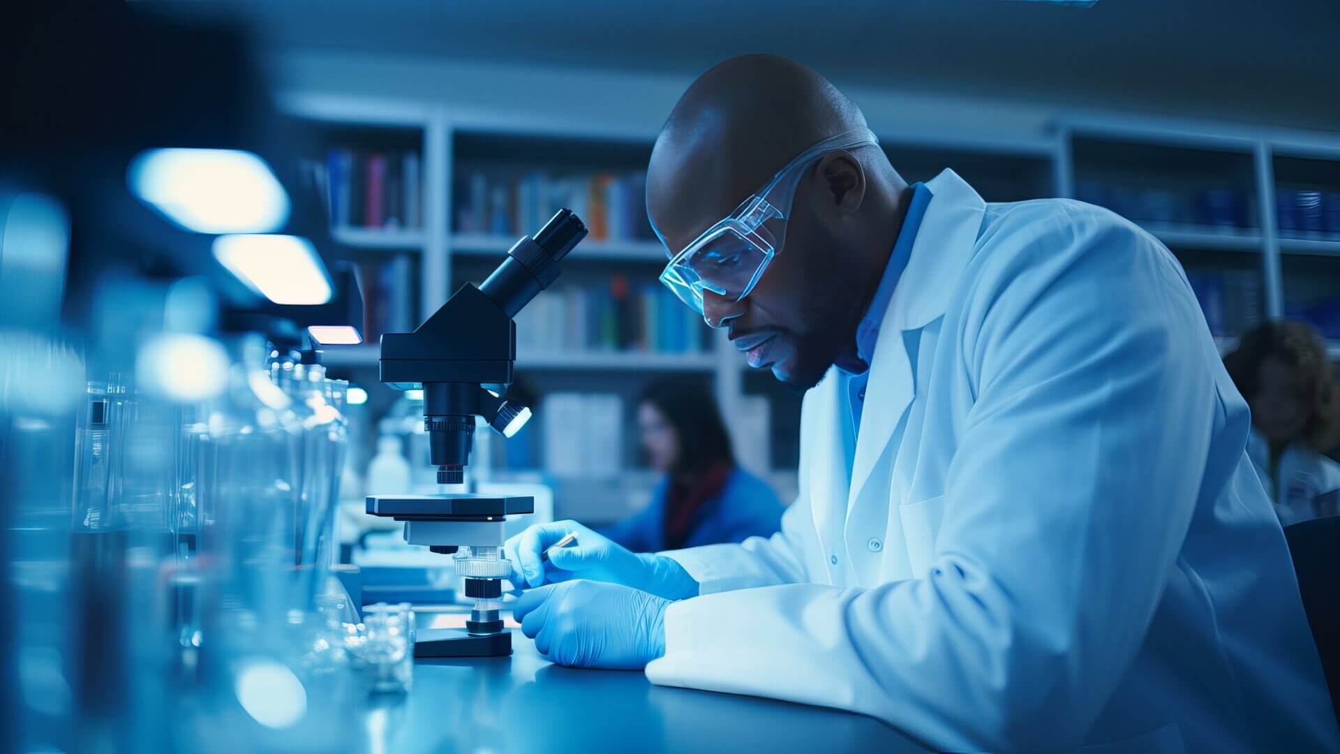 Medical student looking through microscope.