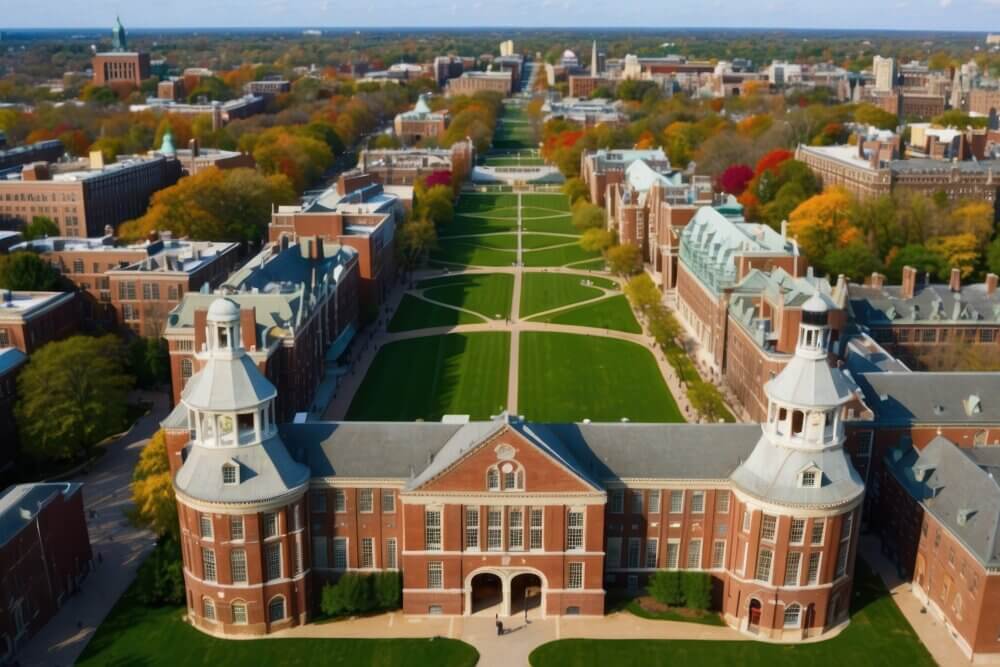 Historic university campus with clock tower in autumn