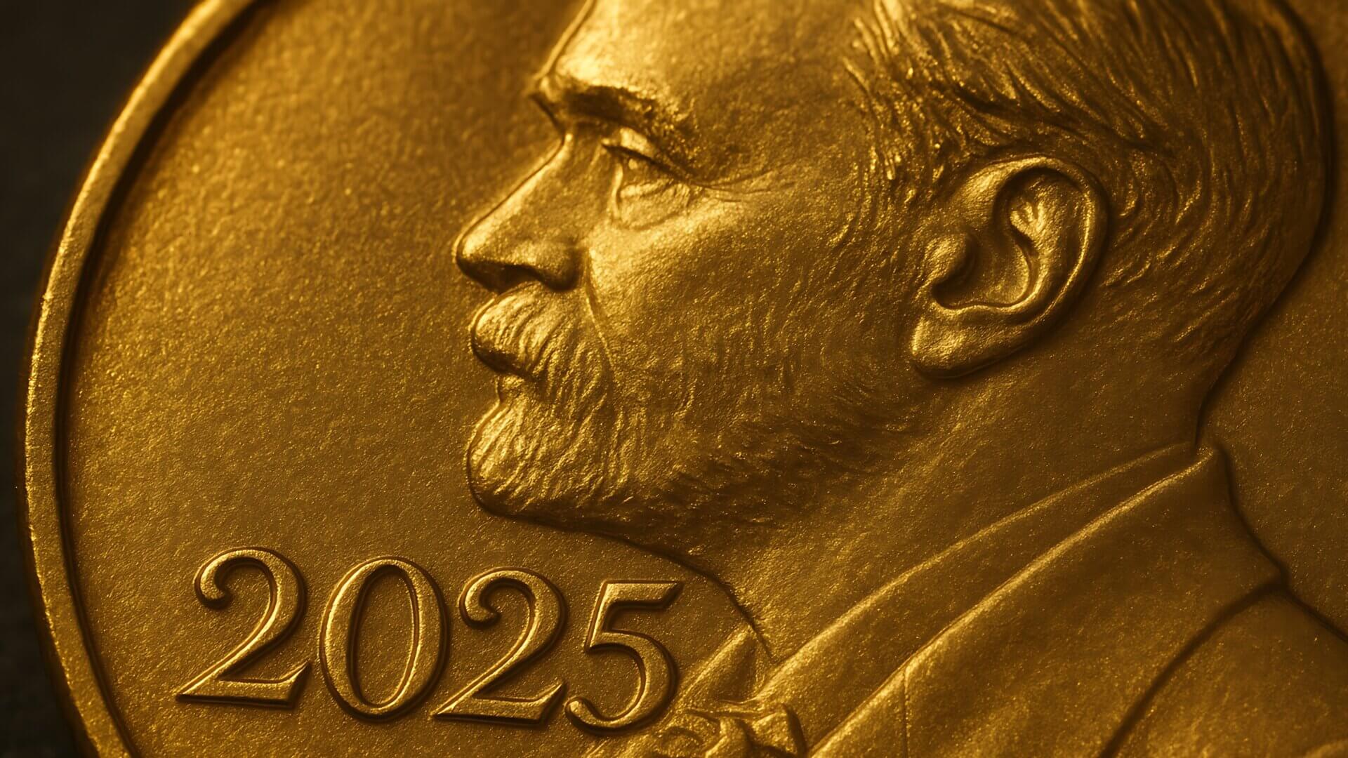 Closeup of a gold nobel prize medal with the year 2025 embossed