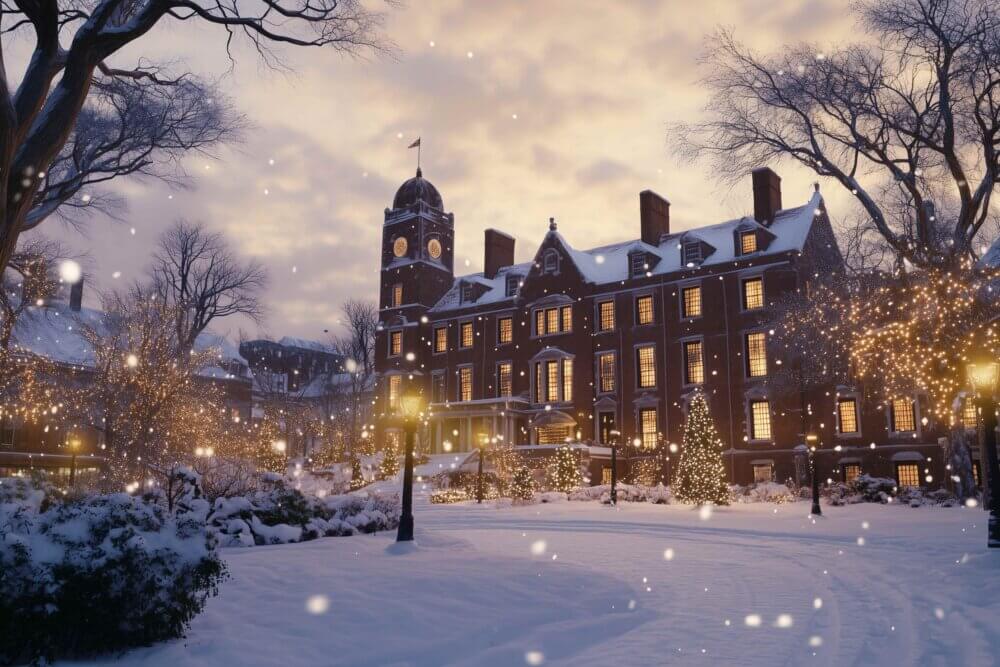 Image of ivy league university in winter snow.