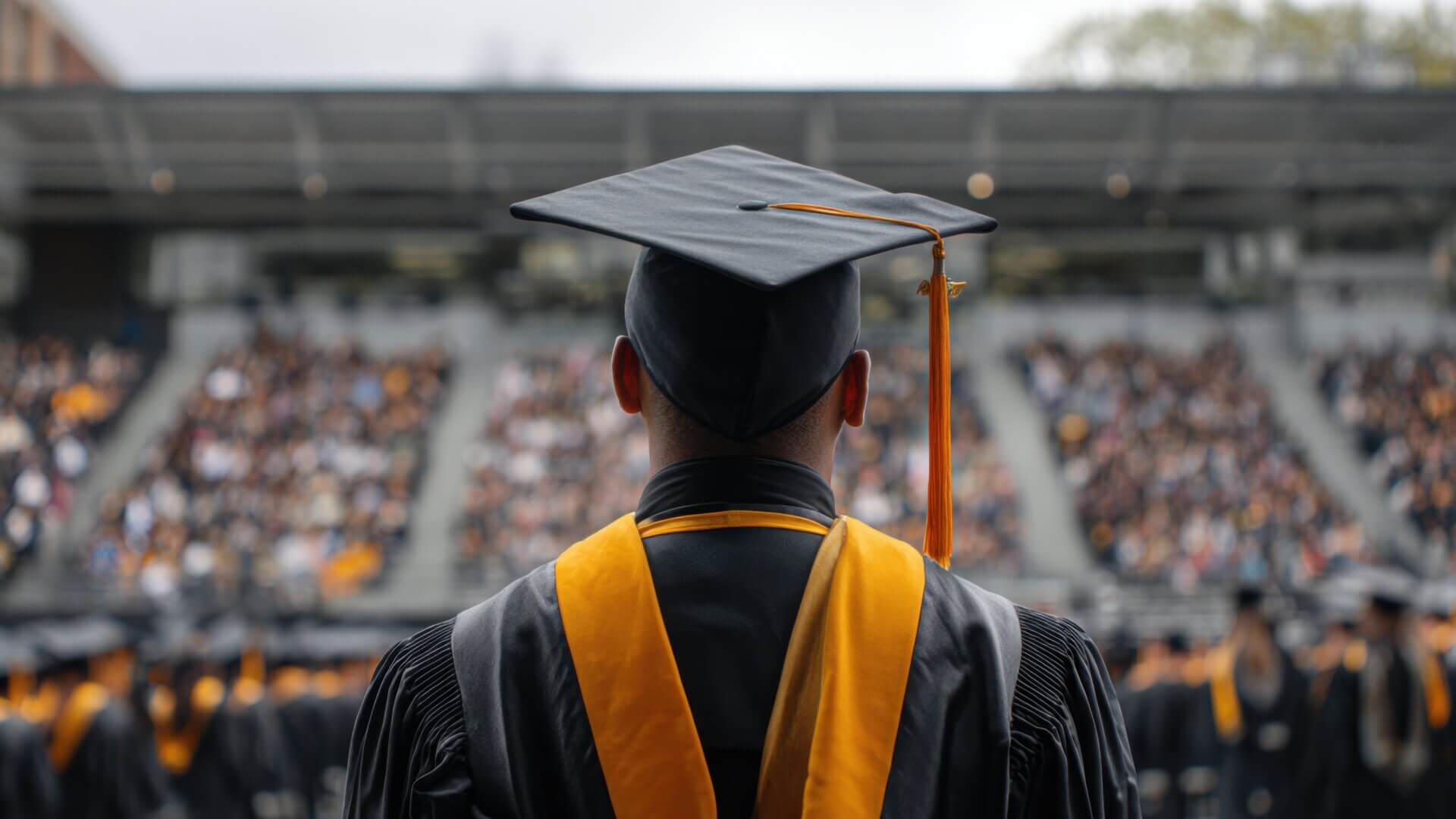 Graduate facing crowd on stage.