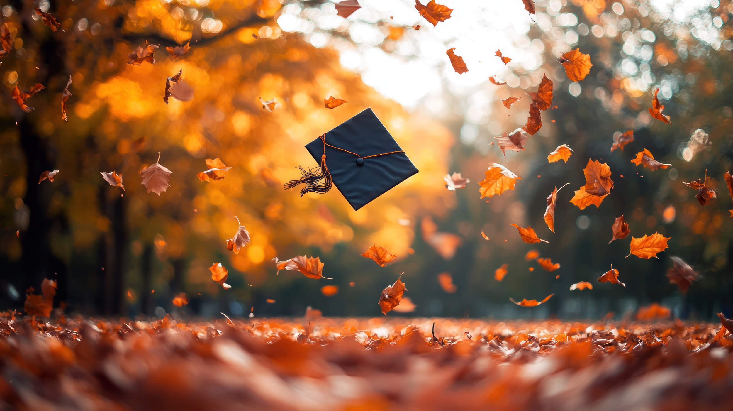 Autumn Graduation Cap Floating in Falling Leaves.