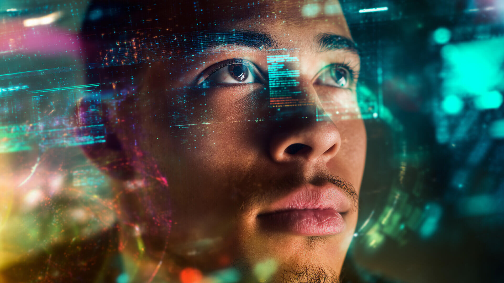 Student looking into screen with AI interface.