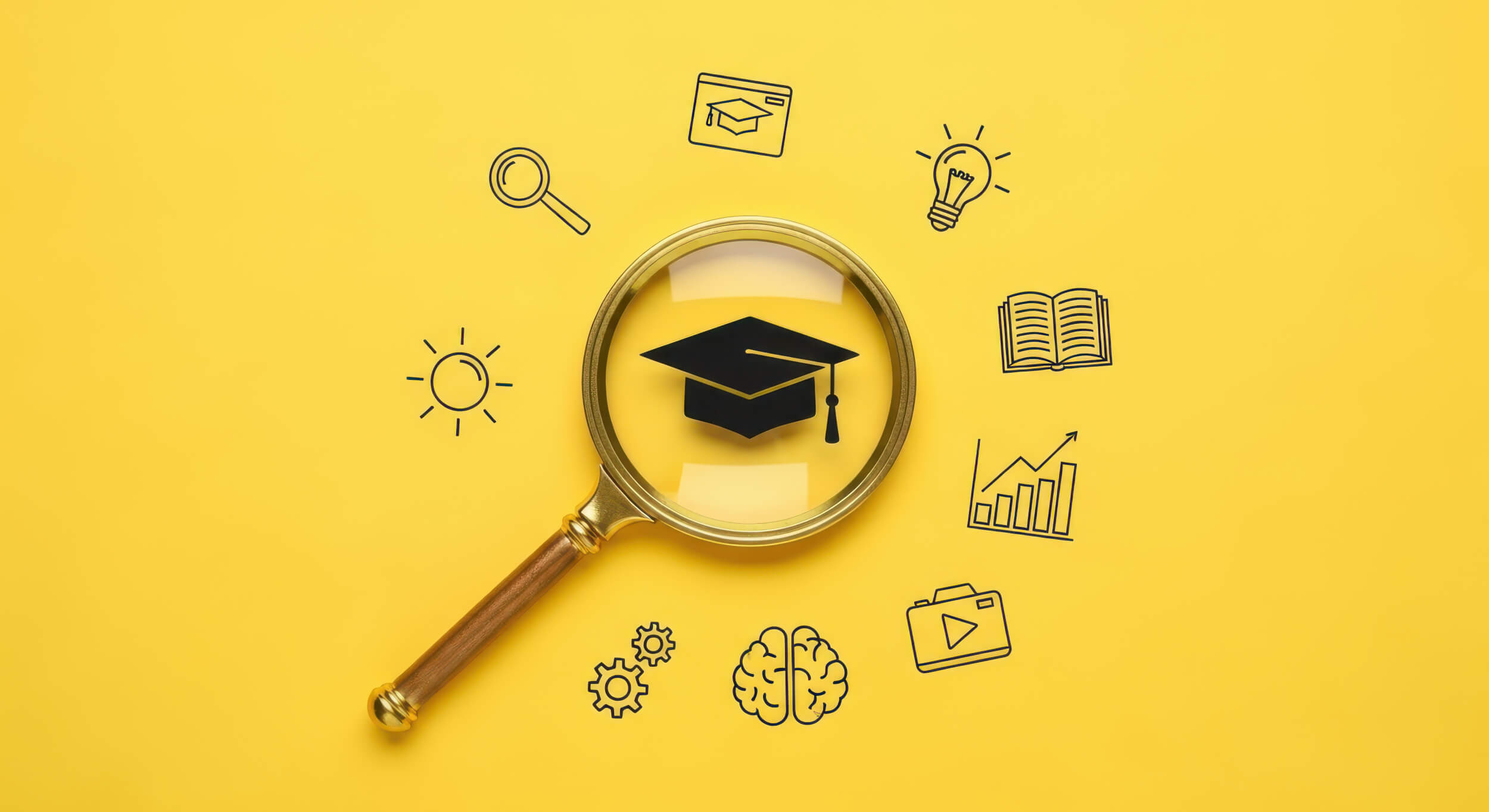 Searching for Education and Learning Opportunities Concept. Magnifying Glass Focusing on Graduation Cap with Surrounding E-learning and Knowledge Icons on Yellow Background.