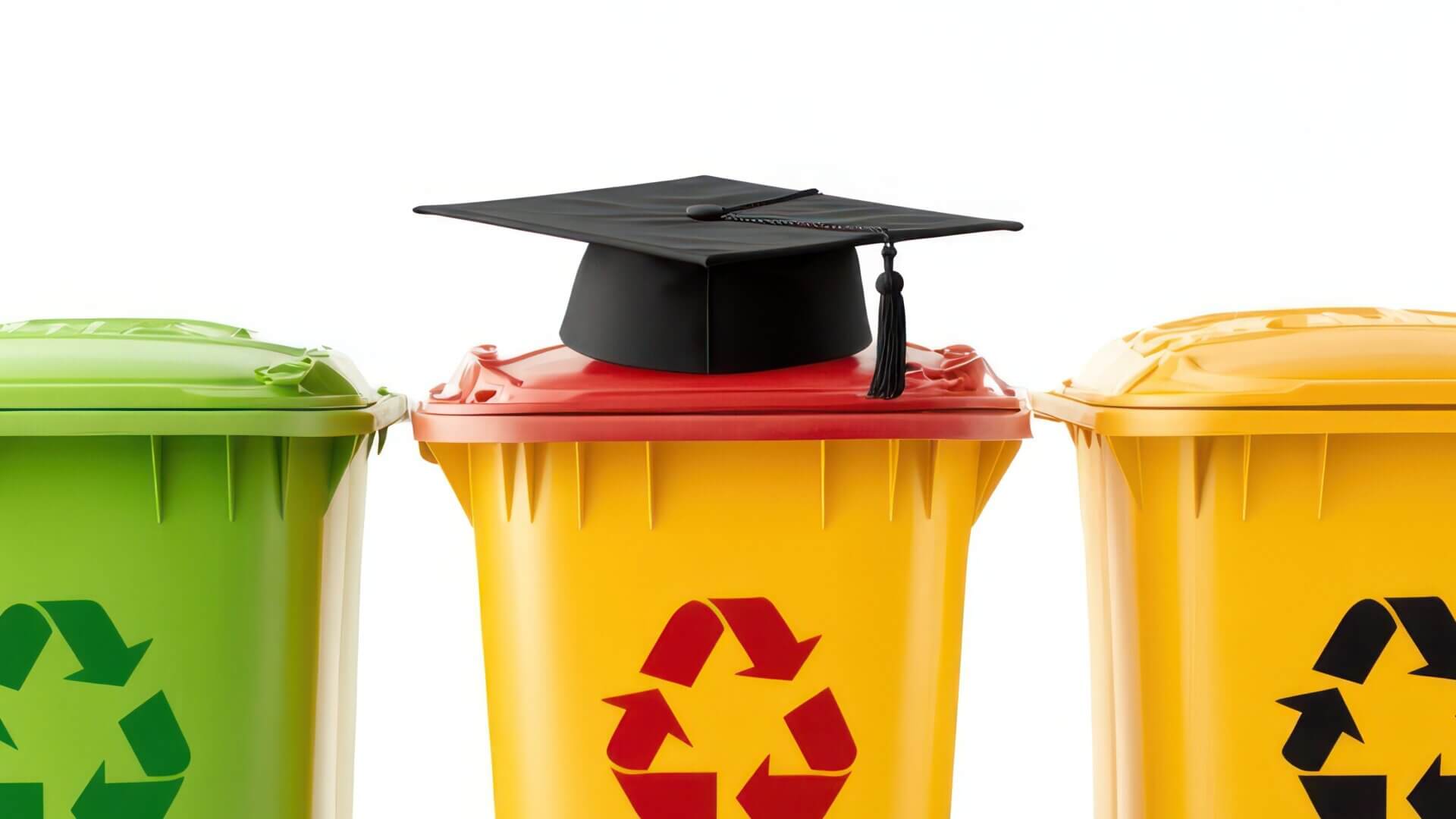 Graduation cap on recycling bin; waste disposal, education, environment