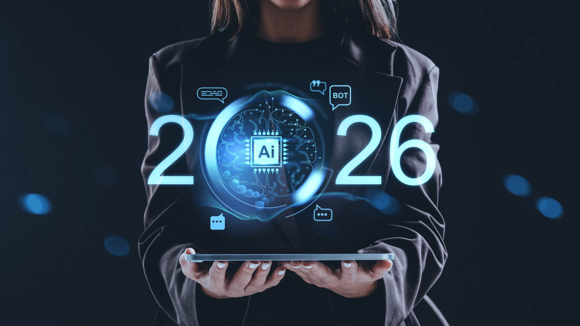 Woman in dark outfit holding tablet with glowing AI brain chip and 2026 hologram, futuristic digital interface, online technology and innovation concept